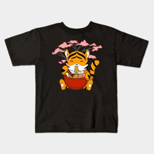 Cute Tiger Ramen Noodles Sakura Flowers Chinese Ramen Tiger Kids T-Shirt